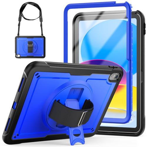 KAIJIAbox for iPad (A16) 11th Generation Case 11 inch 2025/iPad 10th Generation Case 10.9 inch 2022, 360° Rotating Stand, Shockproof Cover with Hand Strap, Screen Protector & Pencil Holder, Blue