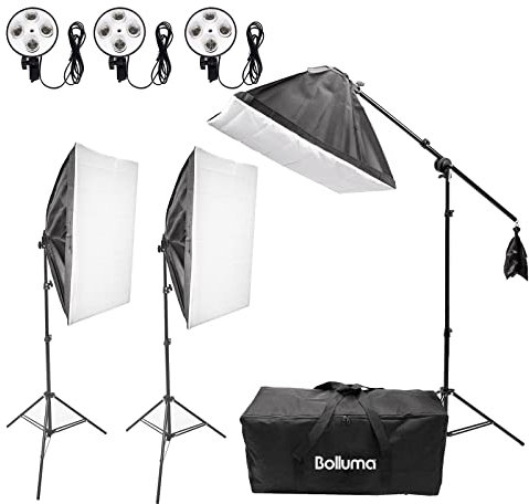 BOLLUMA 20 x 28 Softbox Video Continuous Lighting Boom Stand Kit, Fotostudio Softbox Kit con soporte de luz de 250 cm y soporte adaptador de enchufe E27 4 en 1 para cámara, fotografía infantil,