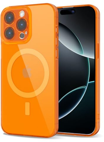 Svanove for iPhone 16 Pro Case Clear Compatible with Magsafe, Fluorescent Transparent Magnetic Magnet Mag Case, Slim Thin Bright Silicone Grip & Shockproof Bumper Camera Cover, Neon Orange