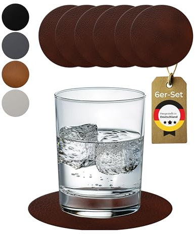 Lederfabrik Garnier® Untersetzer Gläser rund 6er-Set - rutschfest & Abwaschbar - Perfekter Tischschutz - Glasuntersetzer Leder Braun - Made in DE