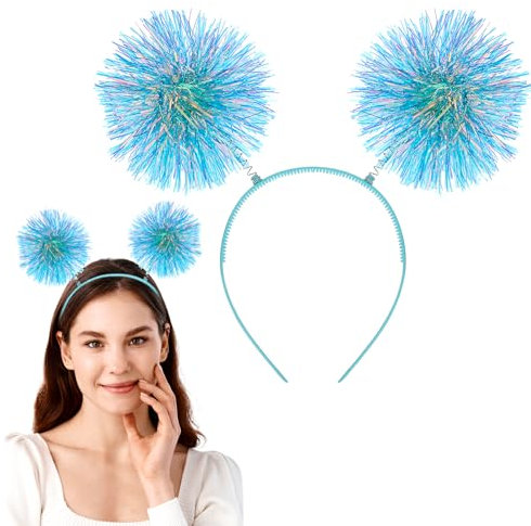 WY LIGHTING LEVEL Pom Pom Headbopper, lustige, festliche Kopfbedeckung, Folienstreifen, Lametta, modischer Haarreif, flauschiger Ball, Stirnband, ausgefallenes Cosplay-Zubehör (blau)
