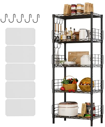Solerconm Étagère de Rangement 5 Niveaux,Unité de Rayonnage Réglable en Hauteur avec Protection Anti-Chute,Revêtement de Shelf et 5 Crochets,Étagère Métallique pour Cuisine,Salle de Bain