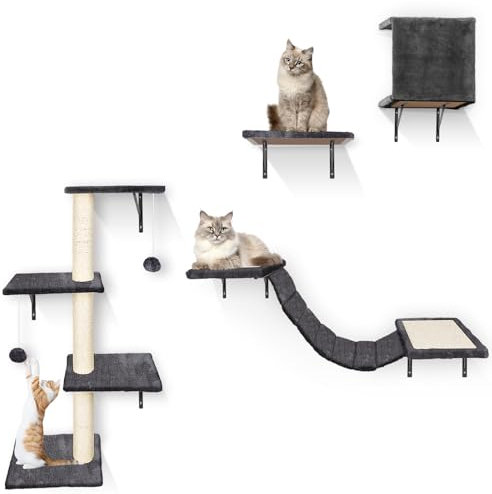 Kletterwand für Katzen – HEVOL 4-in-1 Stabiles Katzenwandmöbel Set mit Katzenhaus, Katzenbrücke, Katzenbaum und Katzentreppe – Graue Indoor Wand Kratzbaum für Katzenspiel und Entspannung