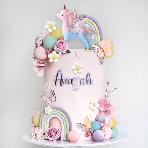 55Pcs Unicorn Cake Topper Rainbow Unicorn Flower Cake Decorations with Pearl Balls Butterflies Cake Toppers for Girls Kids Women Birthday Party Groovy Boho Rainbow Unicorn Party Supplies