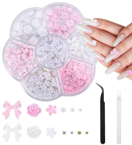 Nail Charms, Blumen 3D Rosa Bogen Nail Art Charms Nägel Enthaltene Werkzeuge, 3D Nail Gems mit Weißen Halbperlen für Frauen Acryl Nagel
