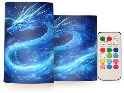 Mnsruu Flammenlose Kerzen Drache Galaxie Kosmos Blaue Sterne LED Kerzen Flackern mit Fernbedienung Timer Batteriebetriebene Kerzen 2er Set Home Hochzeit Dekoration