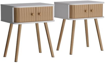 Vicco Table de Nuit Germo, Blanc/Bambou, 40x47cm Lot de 2