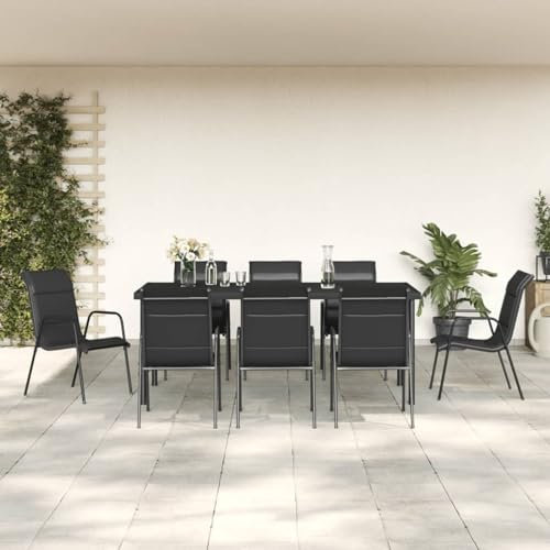 Fasba 9-TLG. Garten Essgruppe 8 Personen, Sitzgruppe Outdoor, Esstisch mit Glas-Tischplatte & Stühle, Terrassenmöbel Essgruppe, Gartenmöbel Set Stahl und Textilene, Schwarz/ 3200701