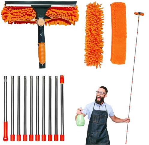 4.5M Window Cleaning Kit, Extra Long 2-in-1 Extendable Window Cleaning Equipment with Microfiber Cloth Squeegee Strips for High Windows, Walls & Cars (orange)