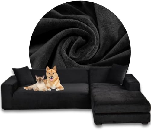 Domidekor Sofa Überzug L-Form – Elastischer Samt Couchbezug, Weich und Wasserdicht – Couch Überzug für 2/3 Sitzer, Universal Sofaüberwürfe mit Anti-Rutsch-Schaumstoffe, Schwarz, Rechts