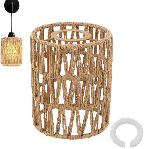 Rattan Lampenschirm Korbgeflecht, 1 Stück Tischleuchte Ersatzschirm Zubehör mit 1 Adapterring, Lampenschirm Boho, Stehlampe Pendelleuchtenschirm, für E27, E14 Stehlampe, Tischlampe