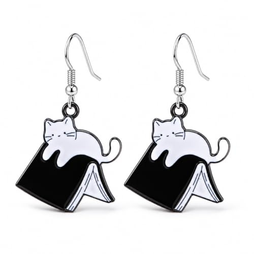 YIQPKUM Bezaubernd Emaille Buch Katze Ohrringe Stecker Damen Tier Liebhaber Leichtgewicht Cartoon Schmuck Anhänger