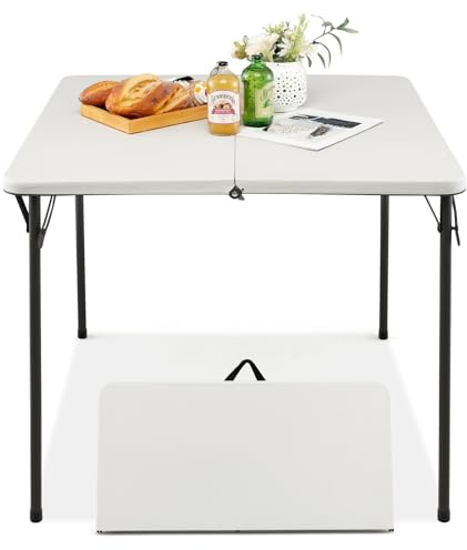 GOPLUS Table de Camping Pliante Portable & Légère avec Poignée Transport pour 4 Personne, Table de Pique-Nique Extérieur HDPE avec Cadre Métallique, pour Barbecue, 86 x 86 x 74 CM,Max.150KG (Blanc)