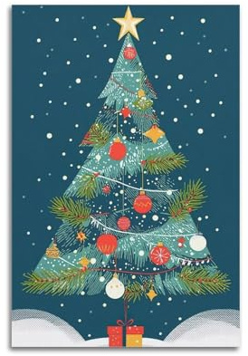 Poster da parete su tela con albero di Natale innevato, stile piatto, decorazione moderna per camera da letto, 50 x 75 cm