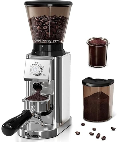 IAGREEA Konische Kaffeemühle aus Edelstahl für Espresso-Kaffee mit antistatischer, zeitgesteuerter Mahlgradsteuerung, Drehknopf, verstellbare elektrische Fräsmühle mit 48 präzisen Einstellungen für