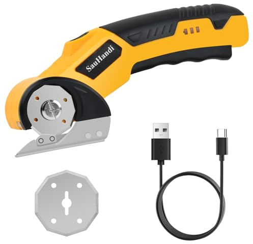 Focenat Ciseaux Électriques Tissu Couture, Coupe Carton Électrique 4 V Ciseaux Couture Électrique Rechargeable avec 2 Lames, Cutter Rotatif pour Carton, Tissu, Cuir, Tapis, Plastique