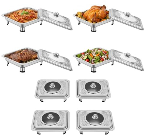 Premium Buffet Warmer Set - 4 pcs 33.5 x 27.5 cm Stainless Steel Chafer Pan with Embossed Lid for Catering, Events, Schools, Large Canteens and Casual Dining, Durable and Elegant