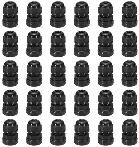 sourcing map 30 Pcs PG7 Cable Glands Adjustable 3-6.5mm PA6 Nylon IP68 Waterproof Connectors with Seals Anti-Corrosion for Industrial/Outdoor Electrical Systems (Black)