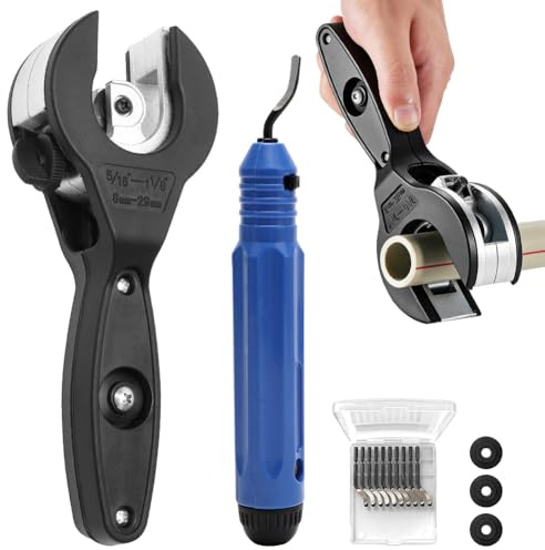 Rohrschneider Kupferrohr, Ratschen Rohrschneider Ø 8-29mm Pipe Cutter mit 3 Ersatz Schneidrad und Entgratwerkzeugen, Ratsche Rohrabschneider Rohrschneidemaschine für Edelstahl Kupferrohr und Aluminium