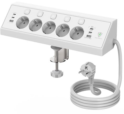 Kinglink Tischsteckdose mit USB C, Steckdosenleiste Überspannungsschutz 4Fach Mehrfachsteckdose einzeln Schaltbar, Mehrfachstecker 2M Kabel für Zuhause Büro Küche (Weiß)