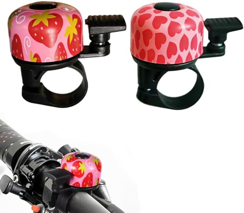 VEOIRXU 2 Stück Fahrradklingel Kinder Klingel Fahrrad für Kinder Mädchen Jungen Erwachsener Mini Laut Fahrradklingel für FahrradRollerDreiradKinderfahrradKinder LaufradMountainbike (Erdbeere + Herz)