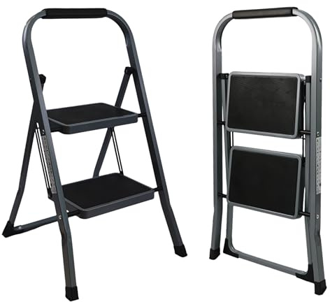 UABA Escalera Plegable, 2 Peldaños, Gris, Asa Cómoda, Compacta, EN 131