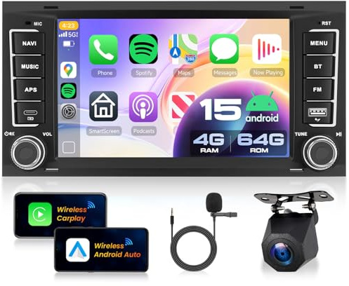 VECHTEL 4G+64G Autoradio Android 15 für VW Touareg 2004-2011/Transporter T5 Multivan 2004-2009, 7'' HD Touchscreen Radio mit GPS WLAN Drahtloses Carplay Android Auto USB TYP-C Bluetooth FM RDS Kamera