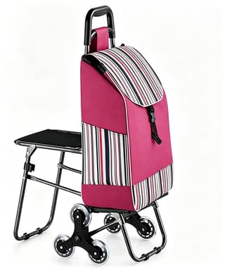 Carrello salire le scale con sedile, pieghevole, sistema a 6 ruote, trolley portatile con borsa, robusto carrello per la spesa e il trasporto (rosso)
