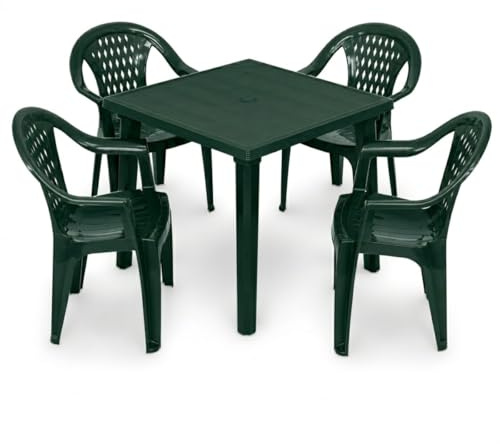 Tomaino - Set Tokyo Tavolo da Giardino con 4 Sedie Impilabili con Braccioli – Tavolo Quadrato con Foro per Ombrellone – Set da Esterno in Polipropilene per Balcone, Terrazzo, Giardino, Bar (Verde)