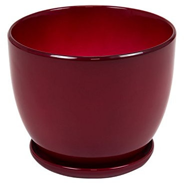 Pot de Fleur ceramique Baril avec Support Soucoupe Hauteur 17 cm diametre 21.5 cm Rouge