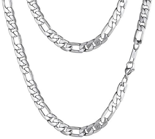 PROSTEEL Herren Kette Edelstahl Figarokette Halskette Link Kette 7MM Breit Gliederkette für Herren, 55CM lang, Silber