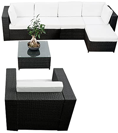 Polyrattan Lounge Set XXXL Balkon erweiterbar - Eck Lounge Set Polyrattan - schwarz - Gartenmöbel Lounge Möbel Eck Set XXXL - Gartenlounge Set + Lounge Sessel + Loungeecke + Hocker + Tisch + Kissen