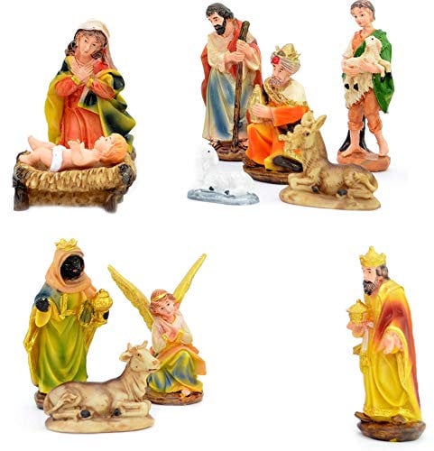 SHATCHI Kleine/große handgefertigte Weihnachtskrippe Geburt Jesus Christus aus Holz stabil und 10 Stück/12 Stück Figur Haus Skulptur Weihnachtsdekoration Xmas Decor Mehrfarbig, 12 Stück Figuren
