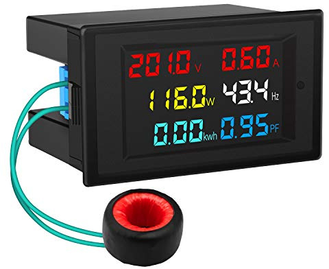 DROK AC Meter, AC 80-300V 100A Voltage Current Power Factor Frequency Electric Energy Monitor Ammeter Voltmeter Multimeter Tester 110V 220V Digital Color LCD Volt Amp Watt Detector Reader Panel