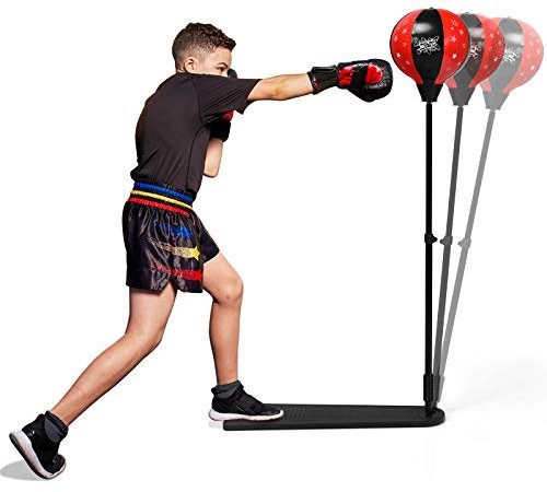 GOPLUS Punchingball, Boxsack Set, mit Boxhandschuhen & Handpumpe, Standboxball, mit stabilem Ständer & rutschfestem Pedal, höhenverstellbar von 85 bis 130 cm, für Kinder & Jugendliche ab 8 Jahre