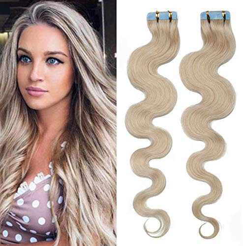 SEGO Tape Extensions Echthaar GEWELLT 40cm Klebeband Haarverlängerung 20 Stück 50G mit 10 PCS Doppelseitig Ersetz-Klebestreifen 100% Remy Haar Weißbleichen#70
