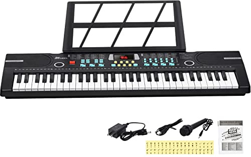 24HOCL Tastiera a 61 tasti pianoforte, tastiera per pianoforte per bambini con adattatore UL, asta, altoparlante incorporato, microfono, tastiera elettronica portatile per ragazzi, ragazze