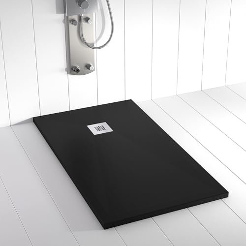 Shower Online Plato de ducha Resina PLES - 70x100 - Textura Pizarra - Antideslizante - Todas las medidas disponibles - Incluye Rejilla Inox y Sifón - Negro 9005