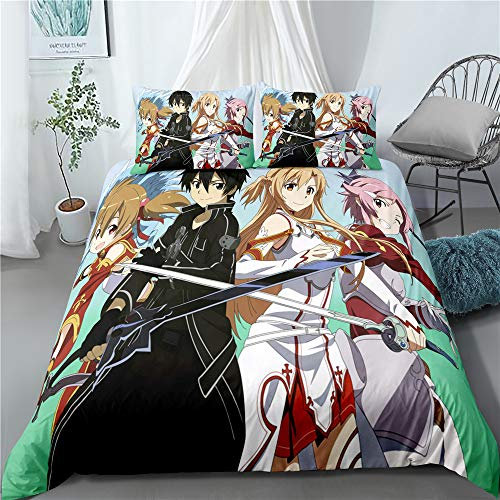 MeeTe Bettbezug Bettwäsche-Set 3-teilig Sword Art Online Bettwäsche-Set 3-teiliges Bettbezug-Set Mit Reißverschluss Extra Weich Und Strapazierfähig Mit 2 Kissenbezügen (SAO 01,135 x 200 cm)