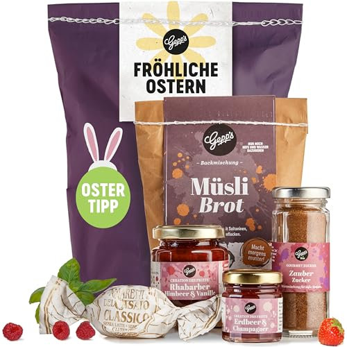 Gepp’s Feinkost Ostern Wundertüte, Gefülltes Ostergeschenk mit Delikatessen zum Frühstück, Kleine Überraschung mit Fruchtaufstrichen und Brotbackmischung, Geschenk nach eigener Rezeptur