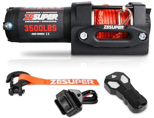 ZESUPER 3500 lb 12V DC Electric Winch 30 ft Synthetic Rope UTV ATV Boat Trailer Winches Off Road Waterproof Towing Winch Kits with Wireless Remote Mounting Plate