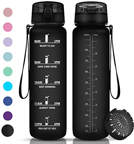 Vikaster Bouteille d'eau, Gourde Sport 1 Litre, sans BPA, Étanche & Réutilisable, Water Bottle Ouvrir en un Clic, Convient Pour la Gym, le Yoga, le Camping, Gourde Randonnée Mat Noir