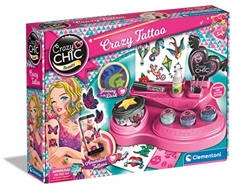 Clementoni- Crazy Chic Tattoo: Create Cool Designs, All-in-One Kit with Glow-in-the-Dark Tattoos, Fun Beauty Studio for Girls (6+ Years)