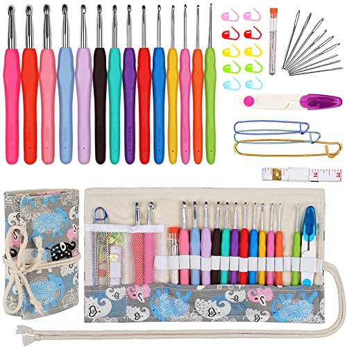 Aeelike 39 Stück Häkelnadel Set, Ergonomisch Häkelnadeln mit Häkeltasche und Zubehör, Bunte Häkelset mit TPR Griff für Arthritische Hände, 2,0 mm - 10,0 mm Aluminium Häkel Set für Häkelgarn und Wolle