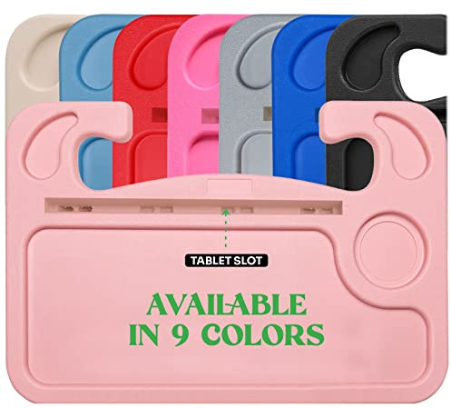 lebogner Steering Wheel Tray, Car Food Trays For Eating With iPad Tablet Slot, Multipurpose Double-Sided Hook On Travel Auto Steering Wheel Desk Table For Laptop & Notebook With Cup Holder, Light Pink