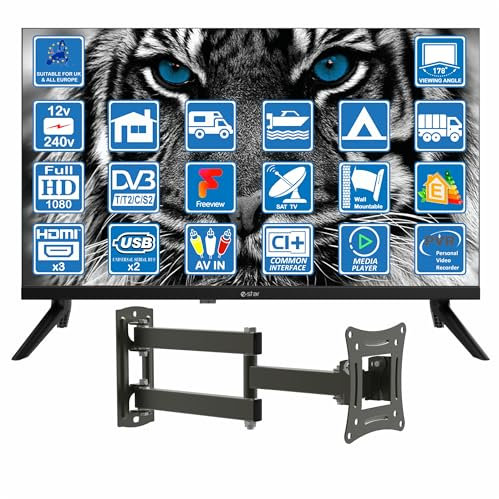 eStar 22 Inch 12 Volt LED Digital Full HD 1080p TV DVB-T2 /C/S2 Freeview, Freesat or Cable. 12V 240V 2 x USB PVR & Media Player, 3 x HDMI, 12V TV for Motorhome, Caravan, Boat, Kitchen
