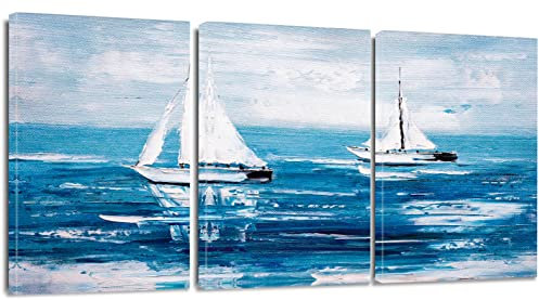 Artscope 3 Pcs Impression sur Toile - Océan Bleu et Voilier Mur Art Toile Peinture Image Tableau Décoration Murale pour Chambre Peintures à l'huile pour Maison Bain Salon Chambre 30x40cm