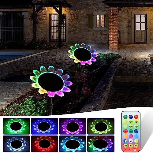AGM RGB Solar-Gartenleuchten, Außenleuchten für Weg, Terrasse, Rasen, Hinterhof, Blumenbeet, 8 Modi, Fernbedienung mit Timer-Funktion, 2 Stück