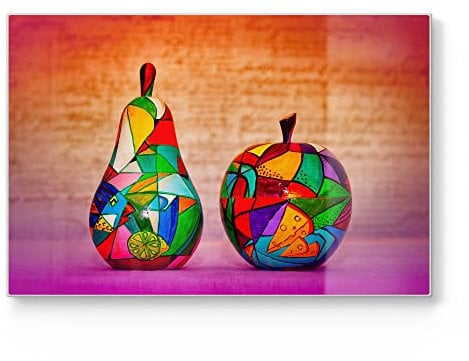 DEQORI Schneidebrett aus Glas | groß 30x20 cm | Motiv Bunte Holzfrüchte | Design Schneideplatte für Küche | Frühstücksbrett antibakteriell & rutschfest | Glasplatte & Servierplatte