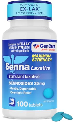 GenCare - Maximum Strength Senna Laxative 25mg (100 Tablets) - Gentle Constipation Relief Sennosides USP Stimulant Laxatives Digestion Pills - Natural Overnight Relief while You Sleep - Generic Ex Lax